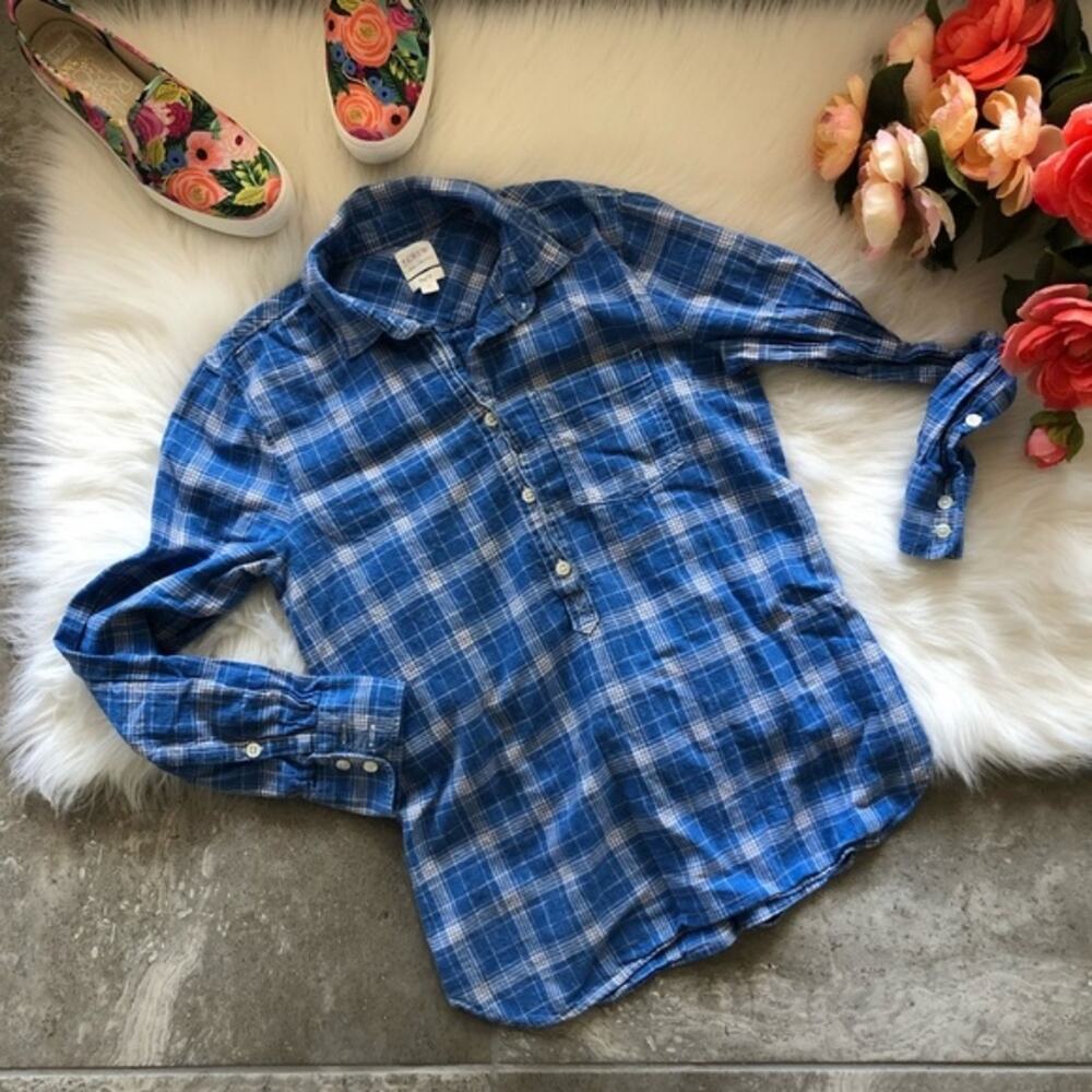 J. Crew Factory Blue White Plaid Boy Fit Top